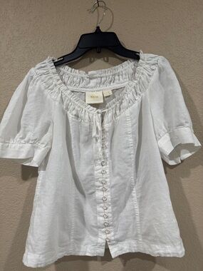 Maeve  Anthropology White Linen Button-Front Peasant Blouse